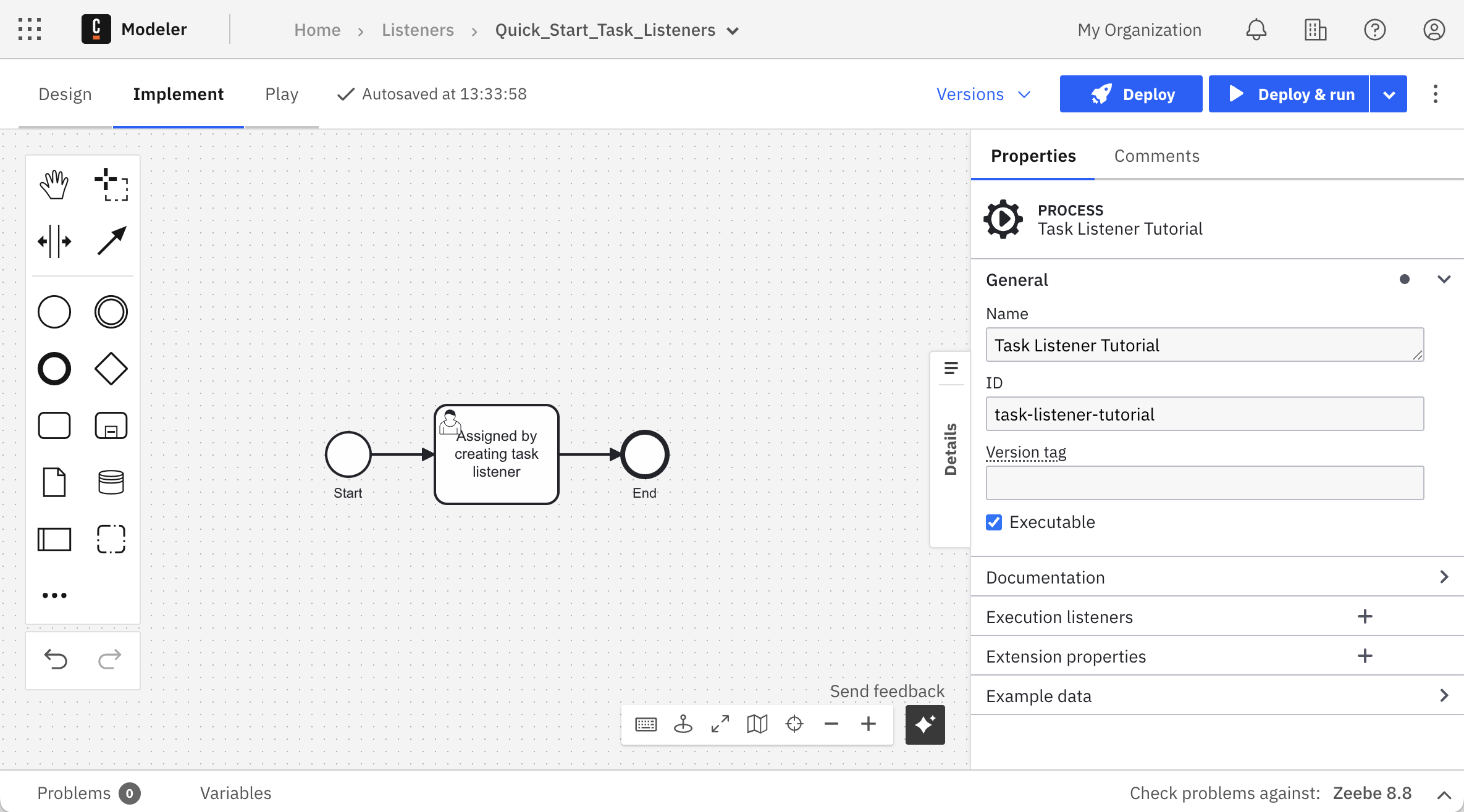 Web modeler showing a process with user task