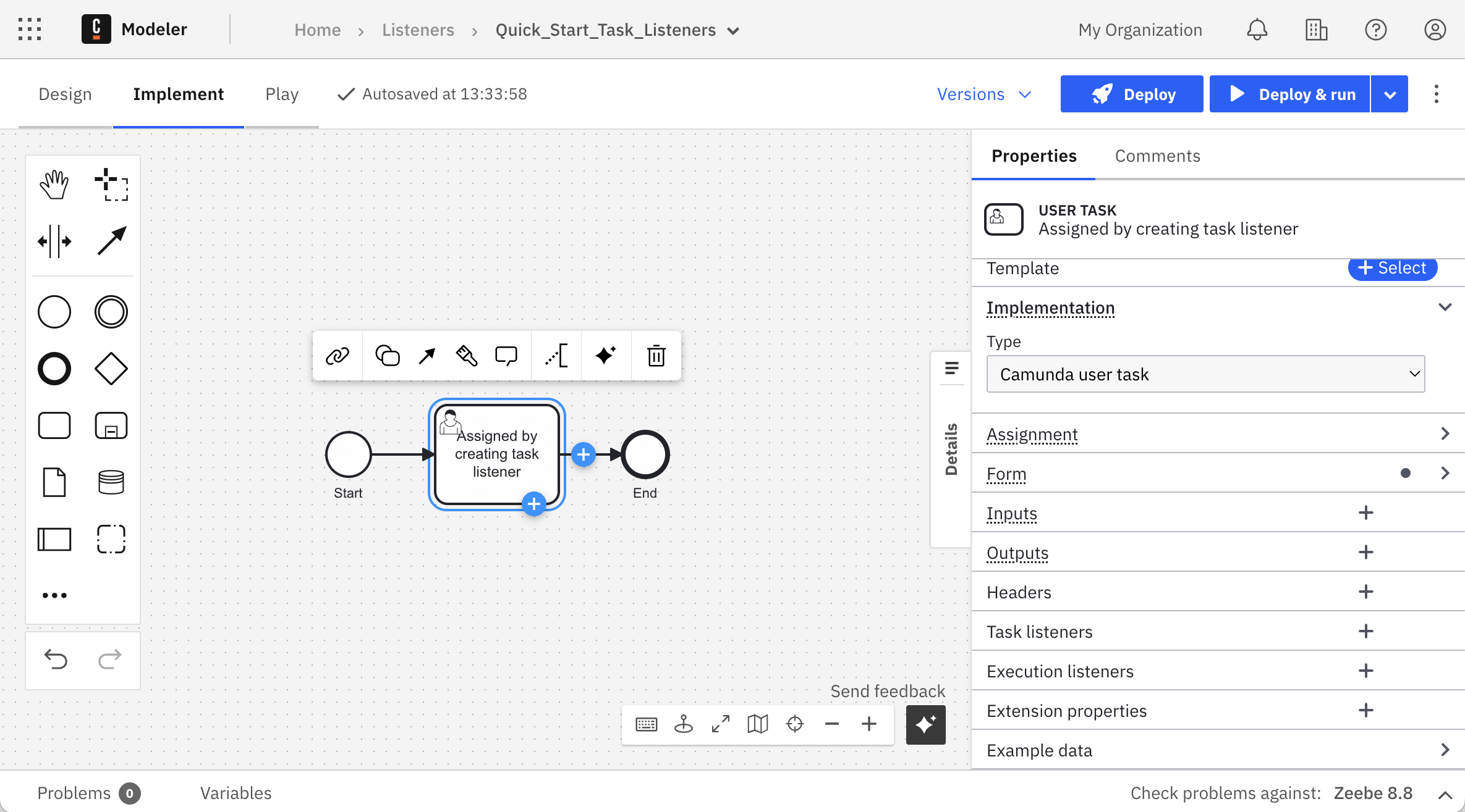 Properties panel shows user task details including task listeners