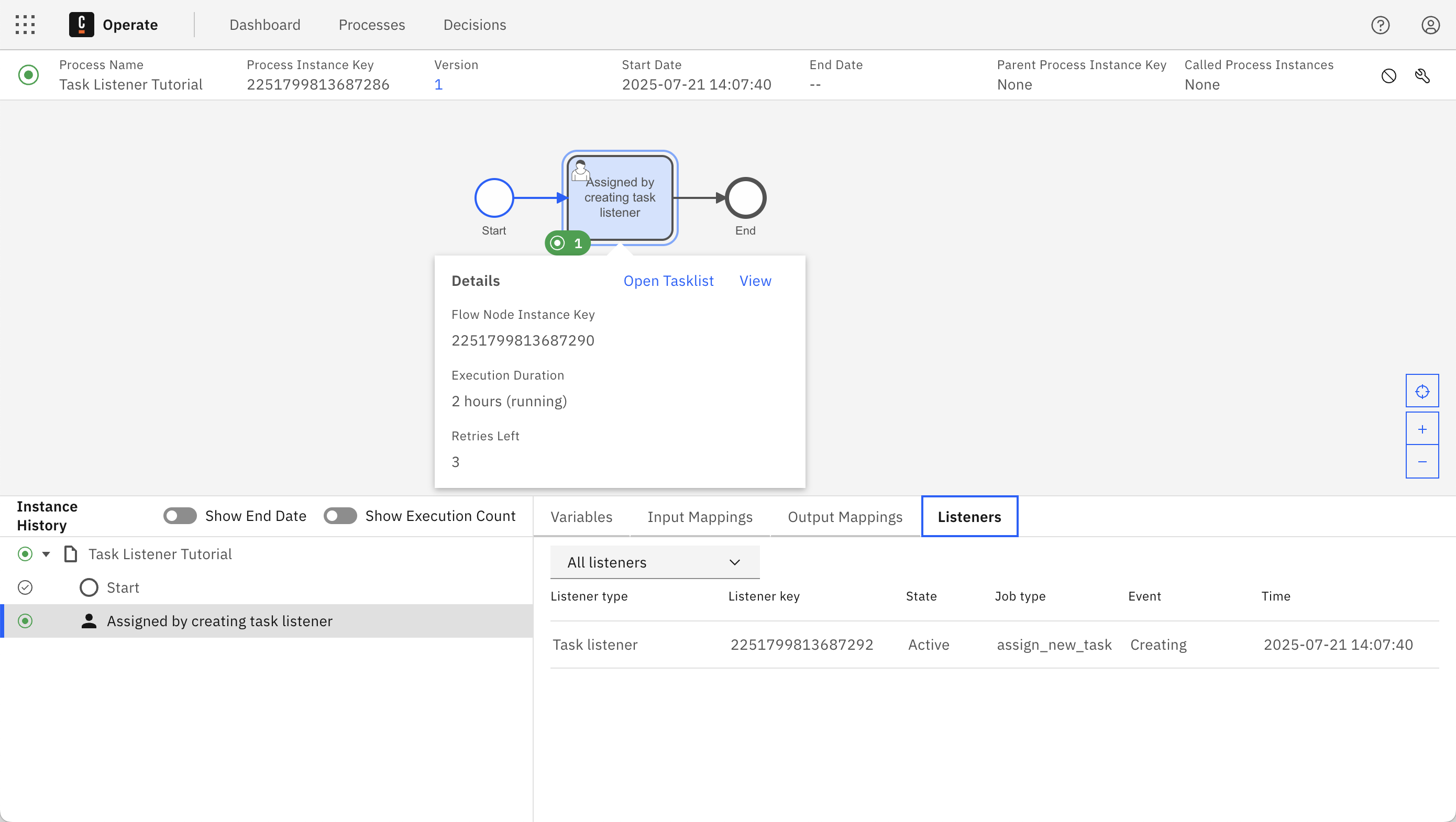 Inspect listeners for user task in Operate