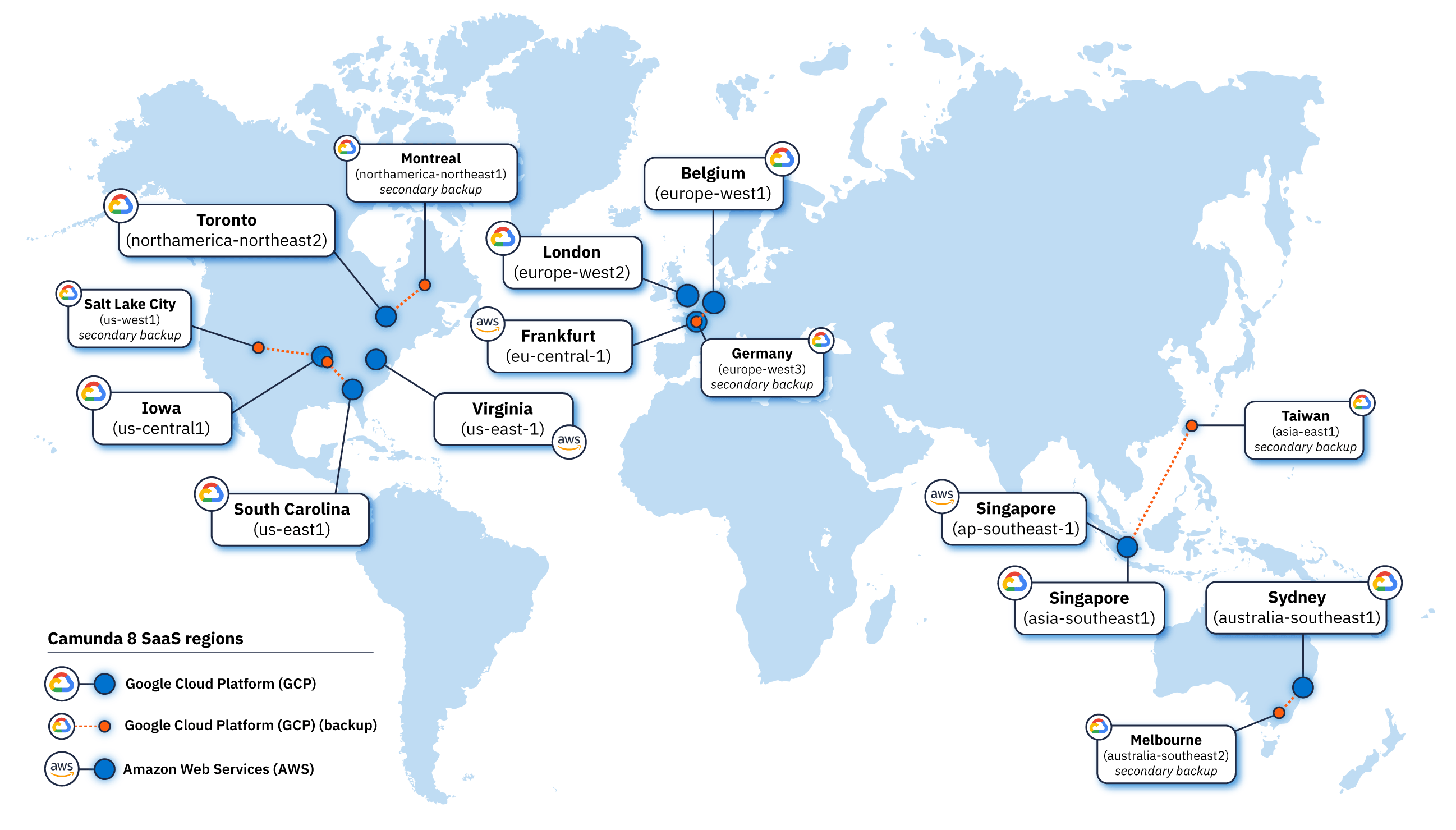 World map showing the location of each GCP and AWS region