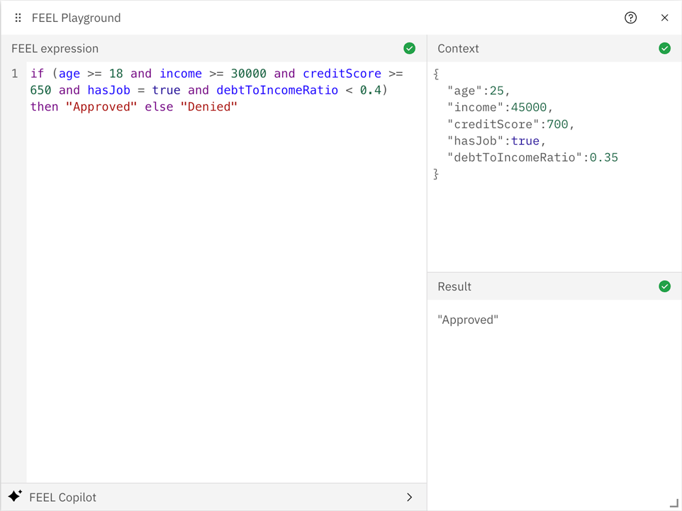 Example image showing the FEEL Playground Sample Data and Result of a FEEL expression validation