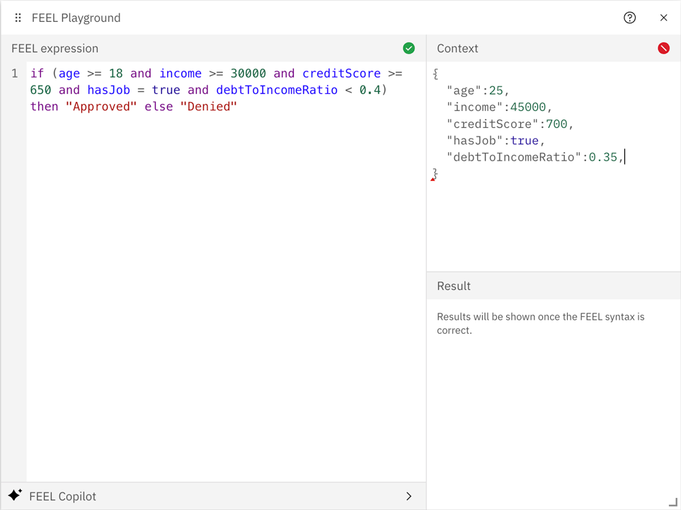 Example image showing the FEEL Playground Sample Data and Result of a FEEL expression validation
