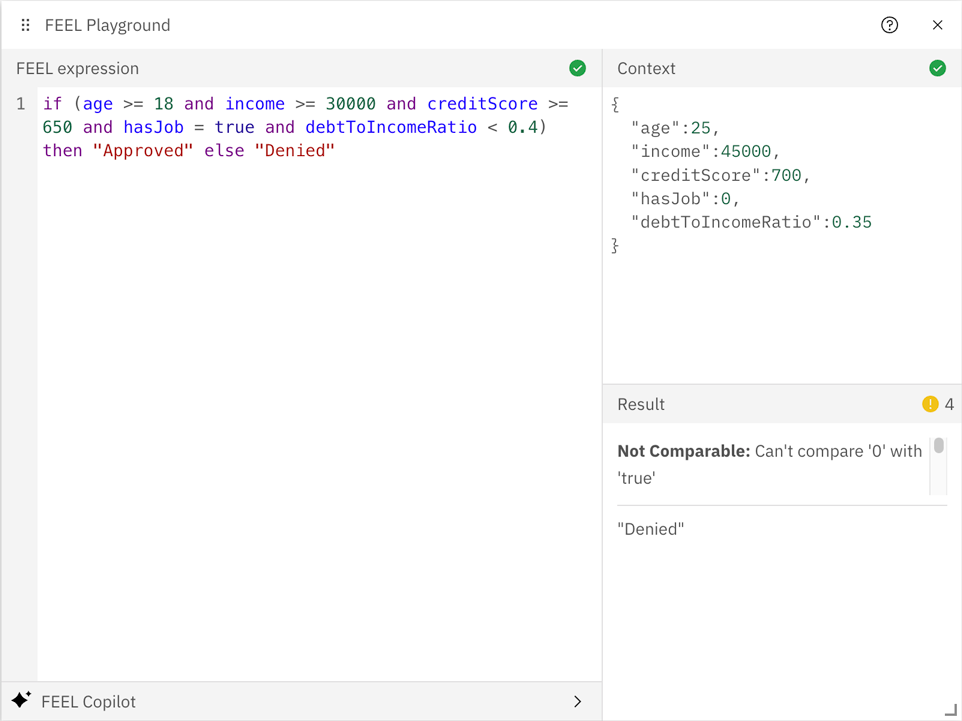 Example image showing the FEEL Playground Sample Data and Result of a FEEL expression validation
