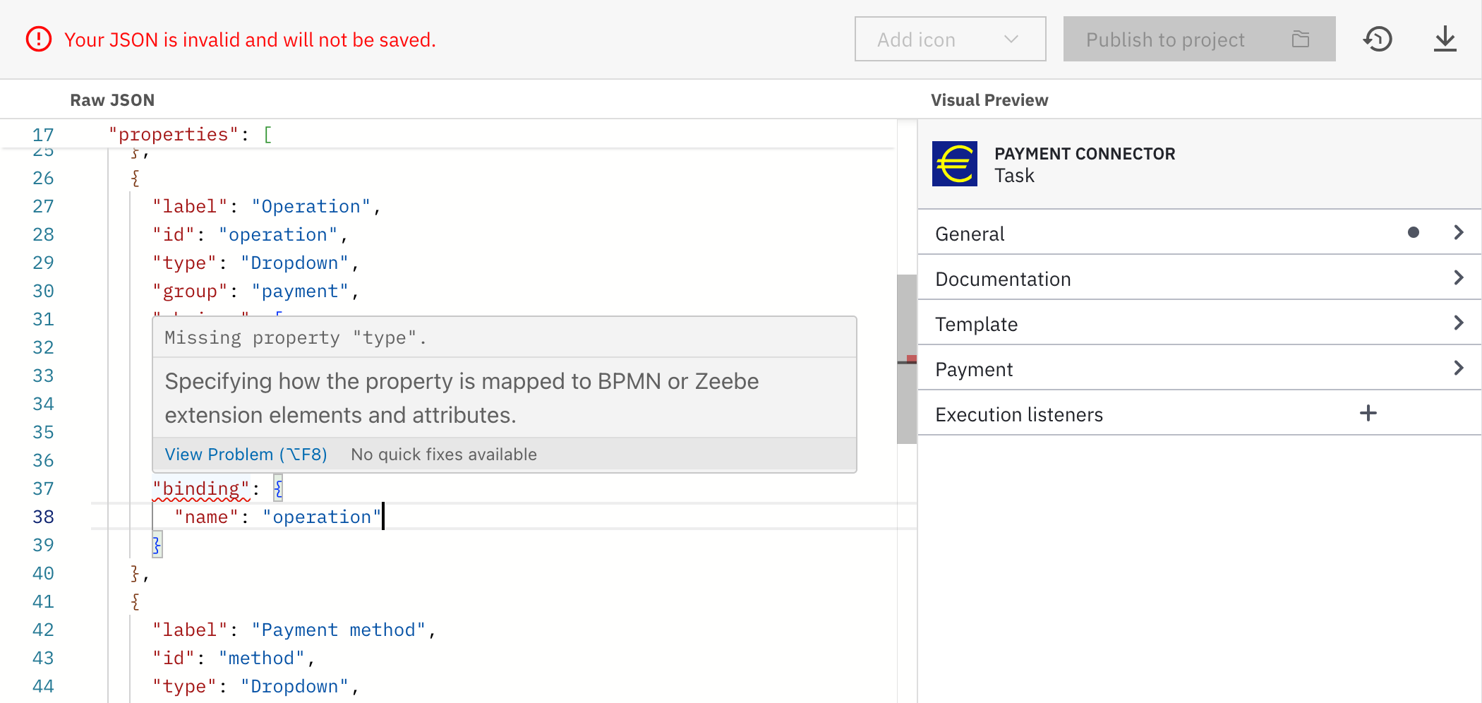 Indicating problems in connector templates