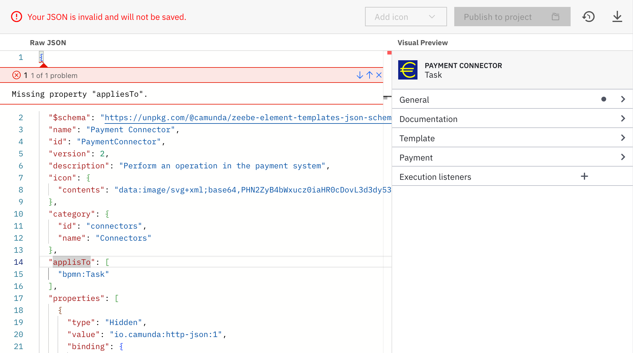Some connector template problems highlighted in the first line