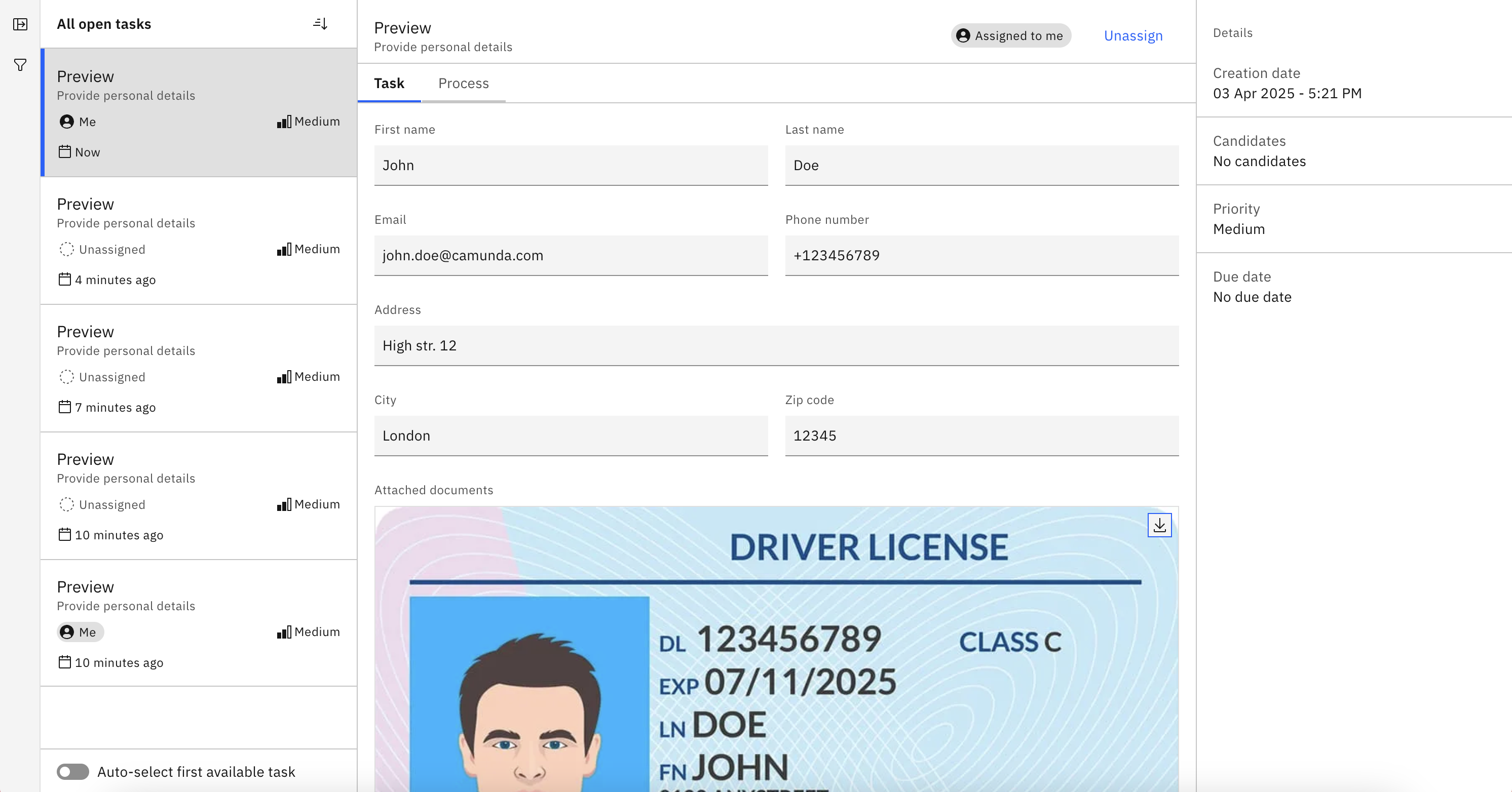 Document preview for task in Tasklist
