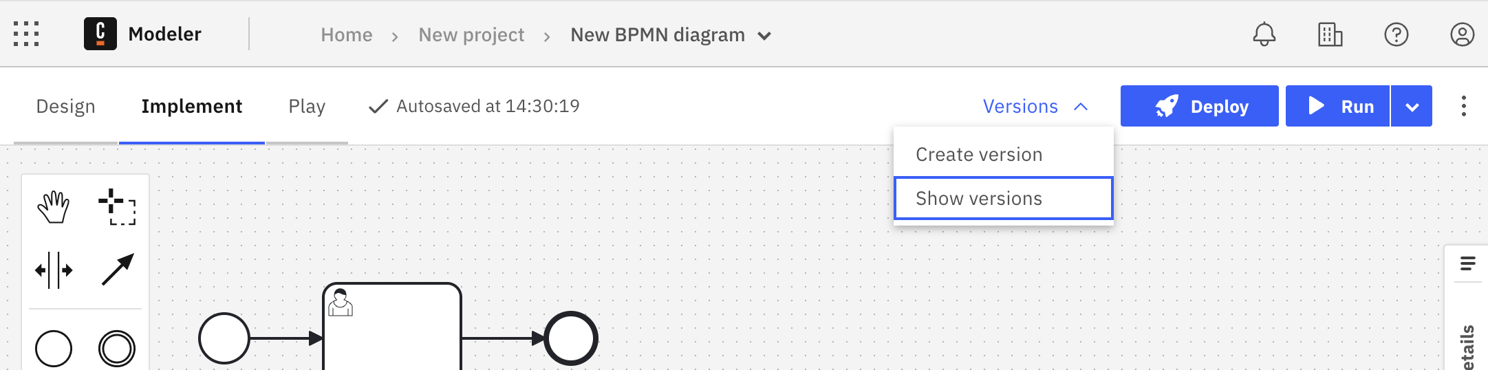 Versions list showing the show versions button