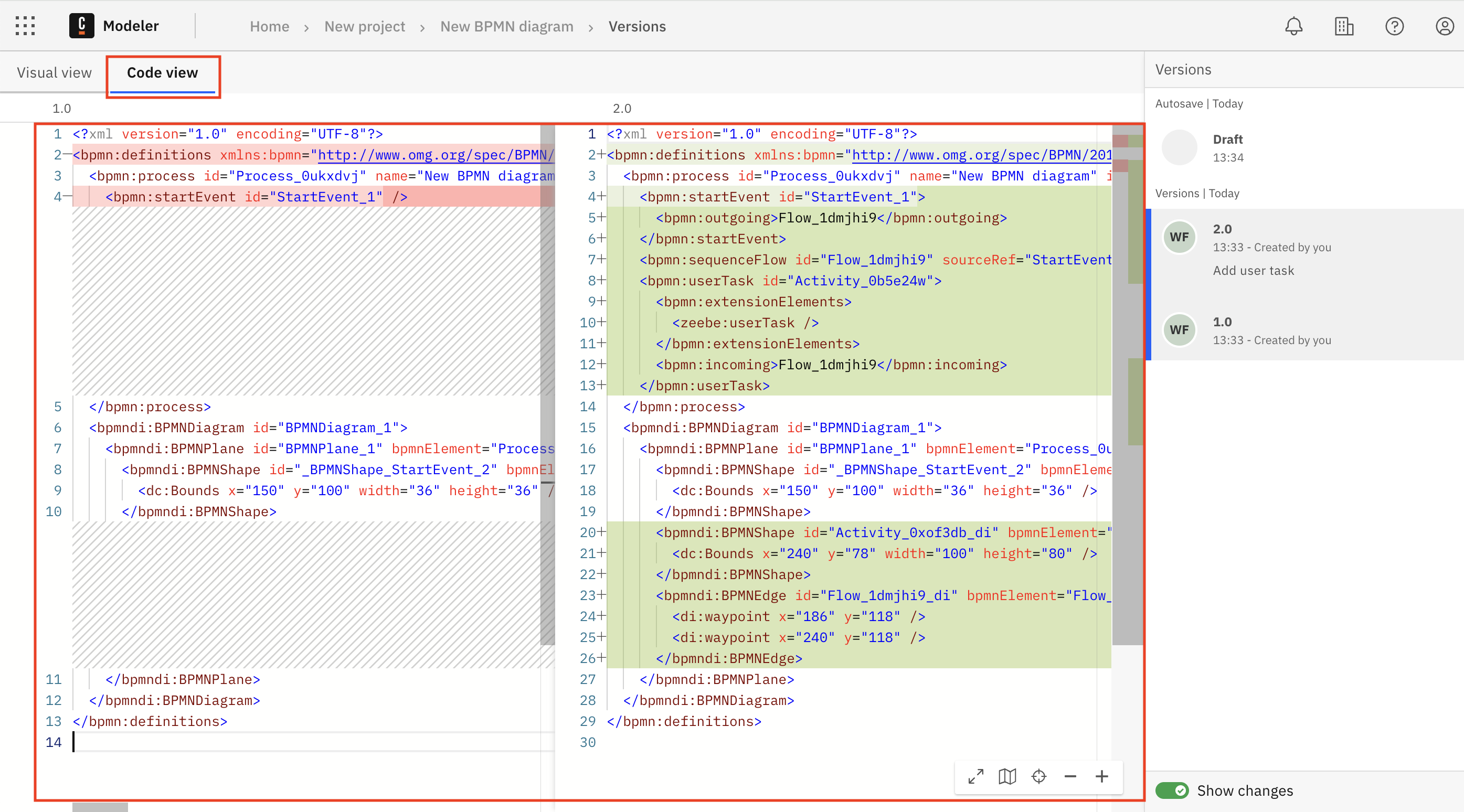 versions diffing in code view