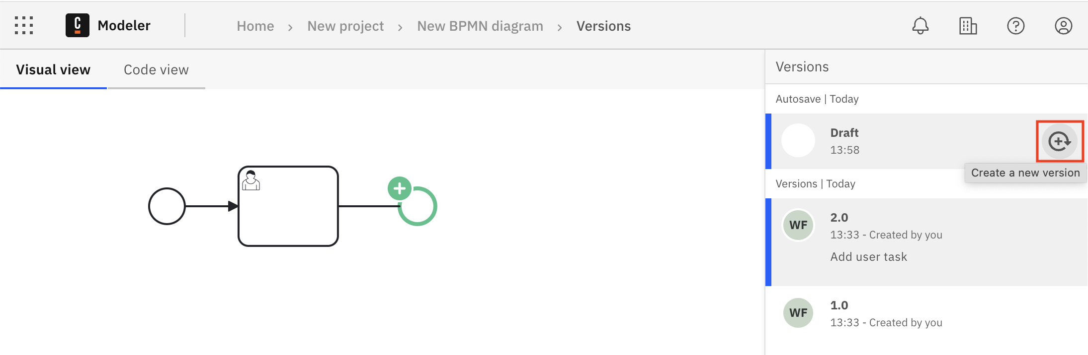 versions create via icon