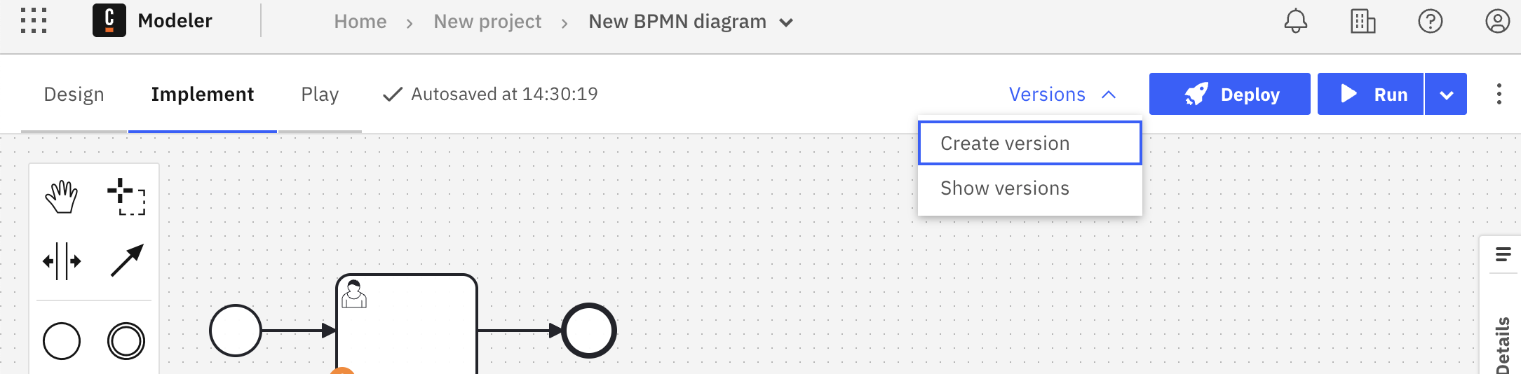 versions create via the breadcrumb menu