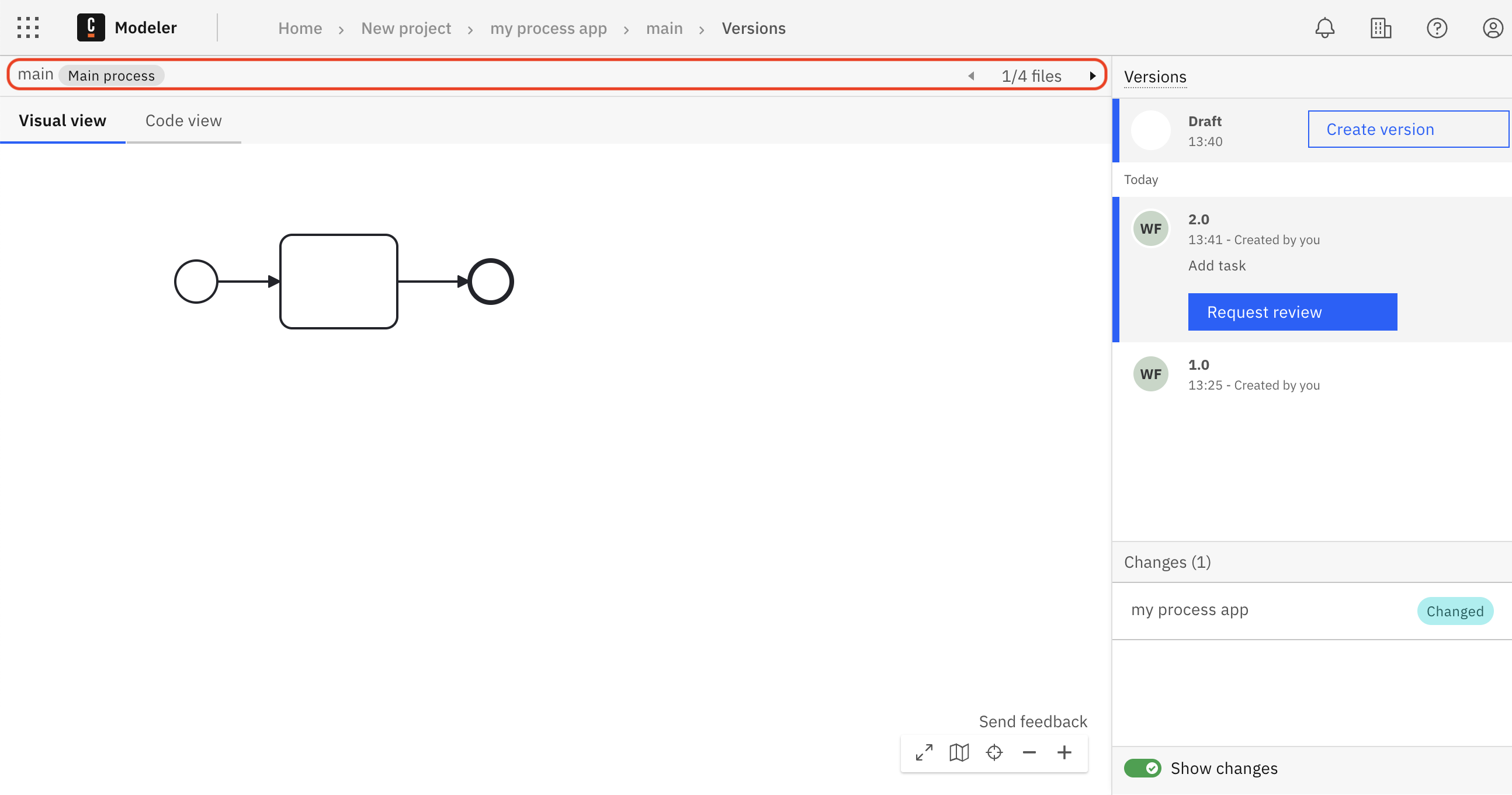 Versions list with file navigation header buttons highlighted