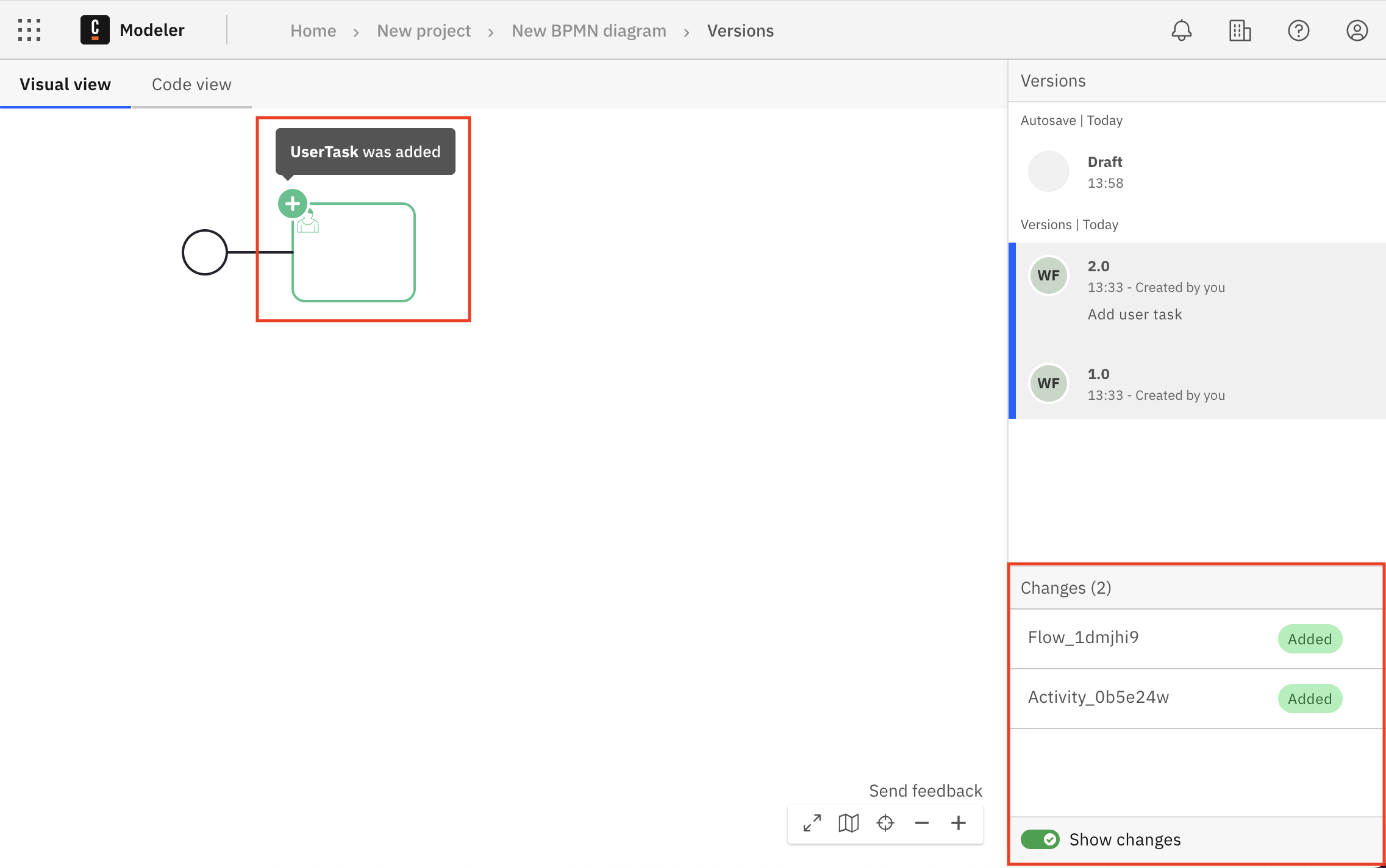 versions diffing in visual view